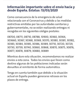 Información restricciones de envíos por CP